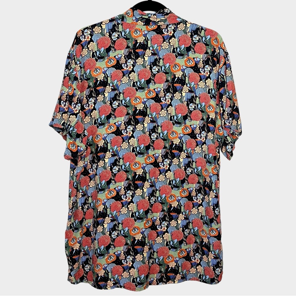 FLAX Black Short-Sleeve Button-Down Shirt Multicolor Floral Print Rayon Sz Small - Picture 3 of 7